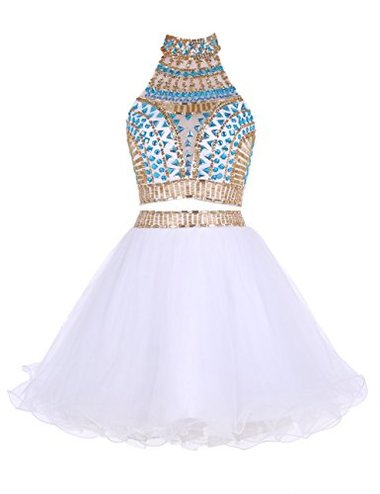 Two Piece High Neck Veronica Homecoming Dresses White Tulle Short 2024 With Beading Rhinestone