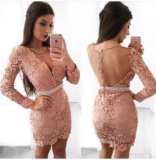 Sheath V-Neck Long Sleeves Blush 2024 With Autumn Lace Homecoming Dresses Pearls