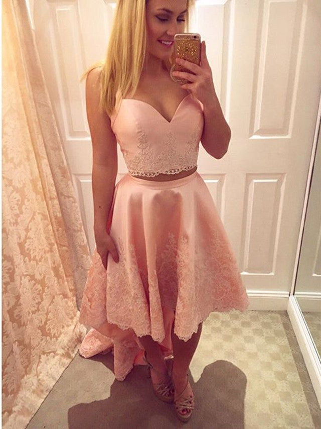 Lace Homecoming Dresses Millie Satin Pink Two Piece Straps High Low 2024 With