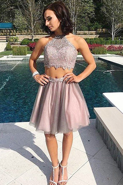 Two Piece Jewel Open Back Short Arianna Homecoming Dresses Blush Tulle Dresses Prom