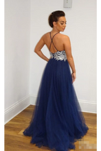 Load image into Gallery viewer, A Line Navy Blue Tulle Prom Dresses Spaghetti Back Crossed Straps Prom Gown