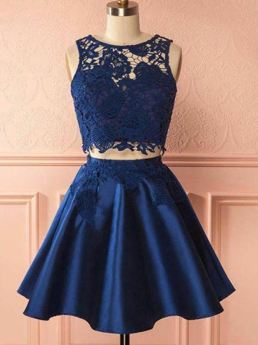 2 Two Pieces Satin Homecoming Dresses Caroline Lace Pieces Navy Blue Party Dress