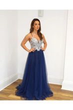 Load image into Gallery viewer, A Line Navy Blue Tulle Prom Dresses Spaghetti Back Crossed Straps Prom Gown