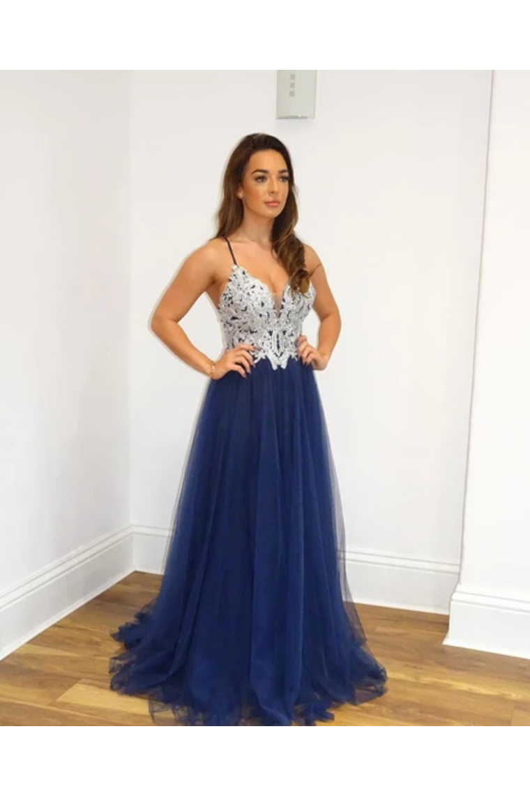 A Line Navy Blue Tulle Prom Dresses Spaghetti Back Crossed Straps Prom Gown