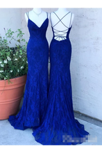 Load image into Gallery viewer, Spaghetti Crossed Straps Royal Blue Mermaid Prom Dresses V Neck Lace Formal Dresses