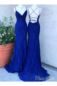 Spaghetti Crossed Straps Royal Blue Mermaid Prom Dresses V Neck Lace Formal Dresses