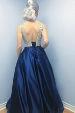 Load image into Gallery viewer, A-Line V Neck Backless Sweep Train Dark Blue Satin Prom Dress with Beads RS631