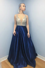 Load image into Gallery viewer, A-Line V Neck Backless Sweep Train Dark Blue Satin Prom Dress with Beads RS631