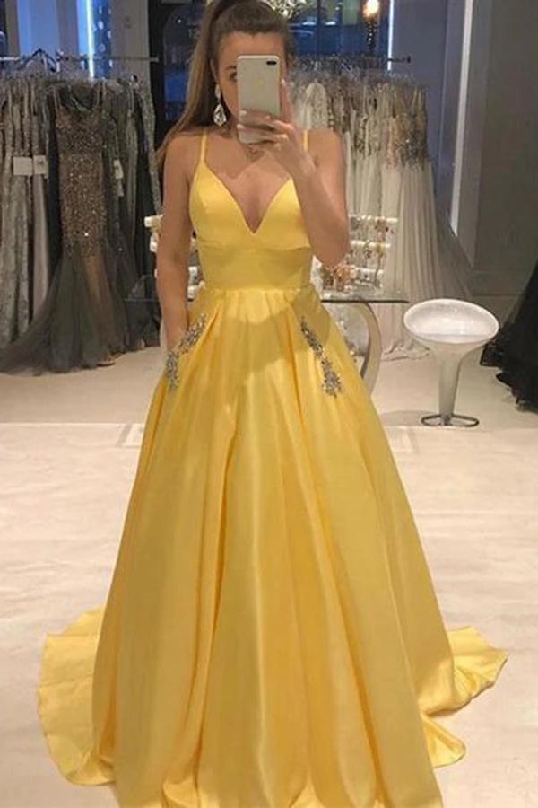 A Line Spaghetti Straps V Neck Yellow Prom Dresses with Pockets