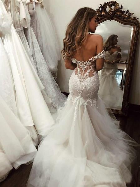 Buy Off the Shoulder Mermaid Tulle Wedding Dresses Lace Appliques ...
