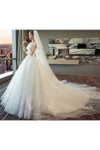Ball Gown Tulle Wedding Dresses Strapless Appliques Beads Court Train