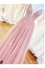 Load image into Gallery viewer, Long Prom Dress With Beaded Bodice And Plunging Illusion V-Neck Formal SRSPZ727PDG