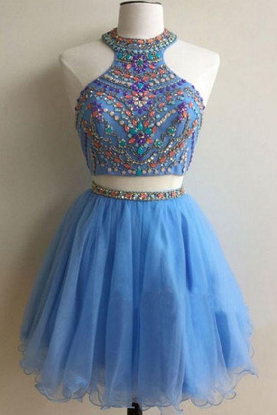 Homecoming Dresses Cassie Two Pieces Light Blue Organza Beading Sequins A-Line Short For Teens Party Dresses CD10497