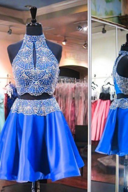 Two Piece High Neck Keyhole Open Back Short Bailey Homecoming Dresses Royal Blue Satin Beaded CD10730