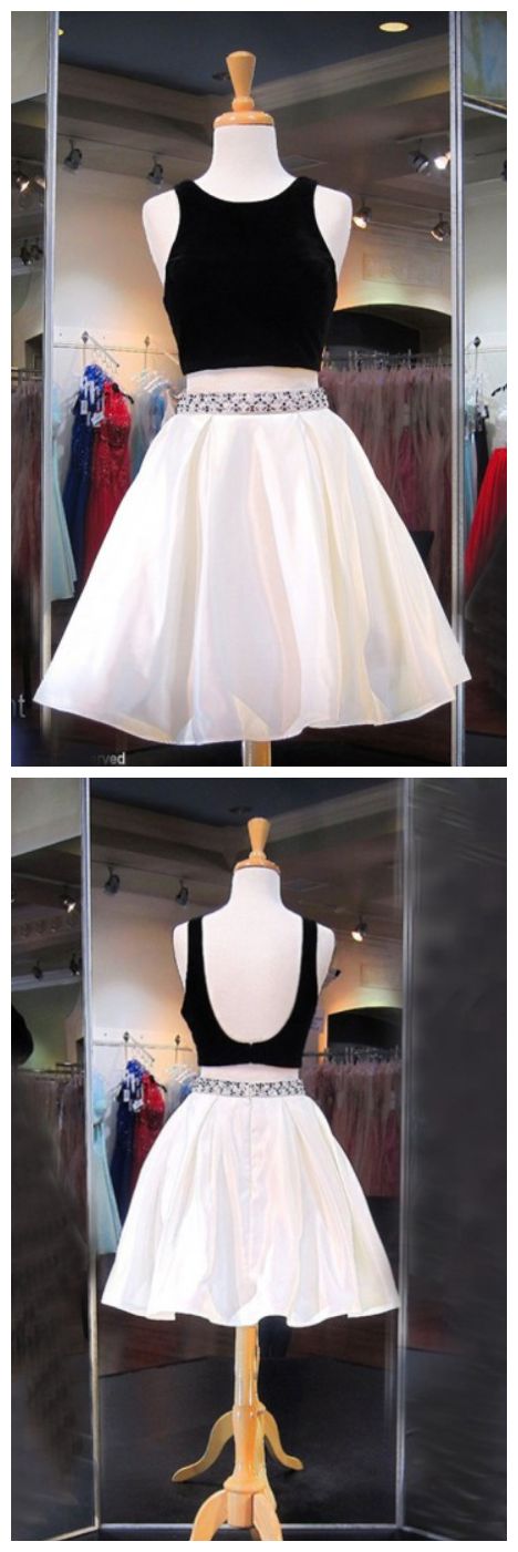 Two Piece Crew Knee-Length Backless Phyllis Satin Ivory Homecoming Dresses With Beading CD10732