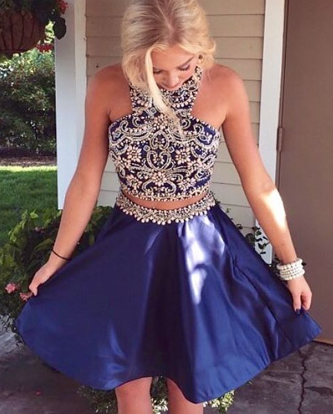 Two Piece Short Navy Blue Homecoming Dresses Lillianna Dresses Beaded Short Dancing Dresses CD1082