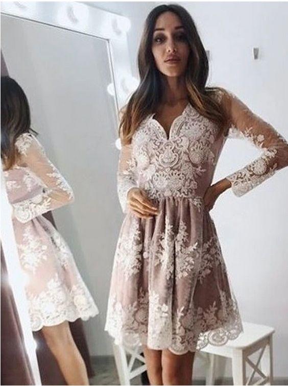 Modest Long Sleeve Short Homecoming Dresses Lace Hilda Graduation Dress CD10858