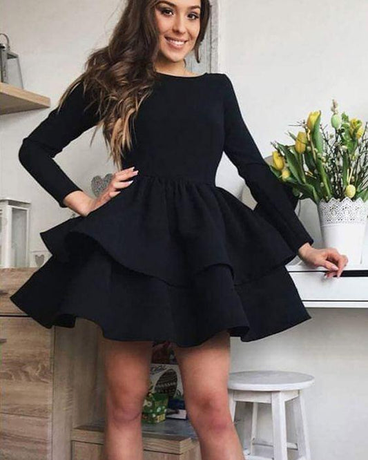 Simple Homecoming Dresses Beryl Satin Black Layered With Long Sleeves CD1091