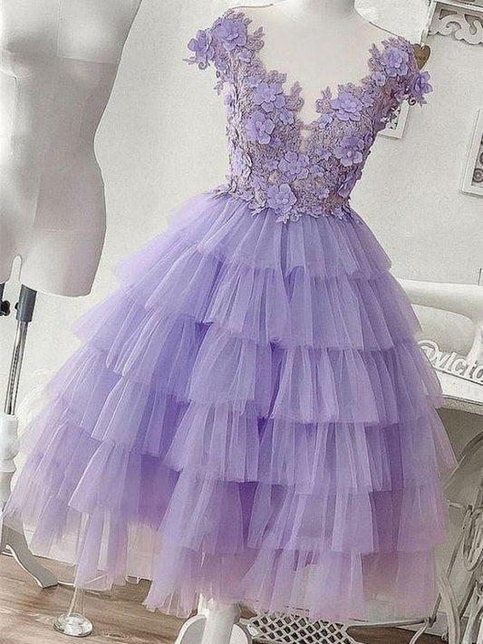 Camryn Homecoming Dresses Purple Tulle Appliqué Short CD1123