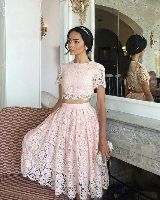 Round Neck Short Sleeves Knee Gwendoline Lace Homecoming Dresses Two Pieces Length CD1136