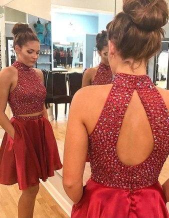 Sexy Two Piece Viviana Homecoming Dresses Short Rhinestone Cute Red CD1139