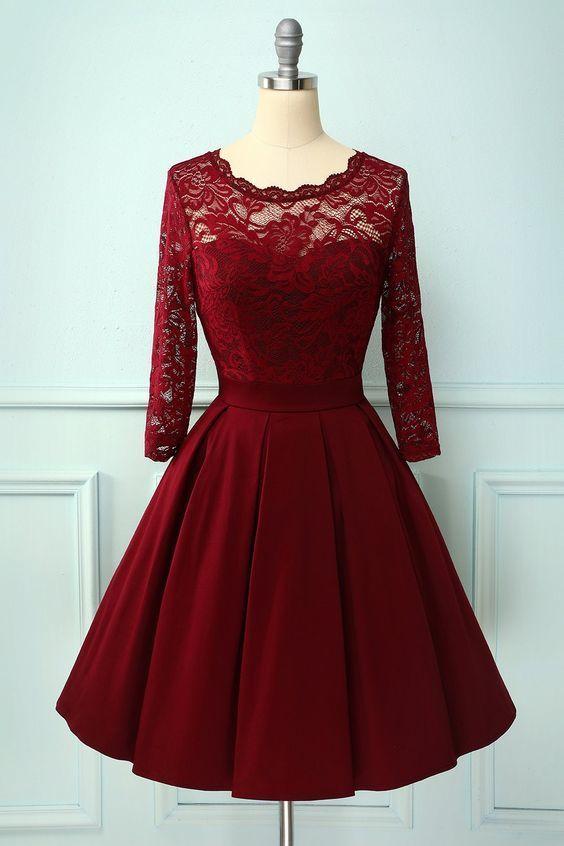 Burgundy V Back Maud Homecoming Dresses Long Sleeves CD11403