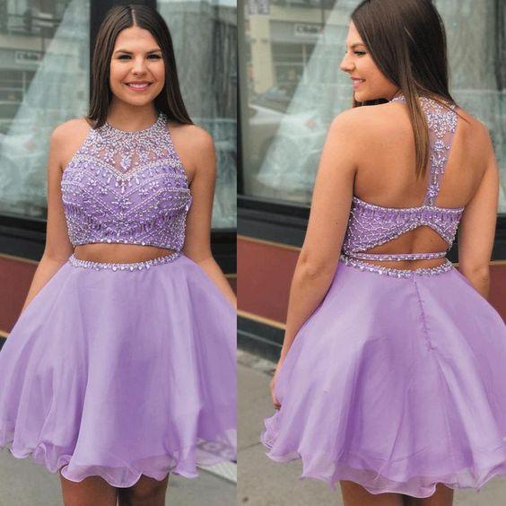 Purple Two Piece Dresses Short 2024 Beaded Halter Sexy Lavender Graduation Dress Homecoming Dresses Marin CD11563