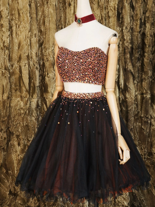 Black Beads Tulle Short Two Pieces Lila Homecoming Dresses Black CD12694