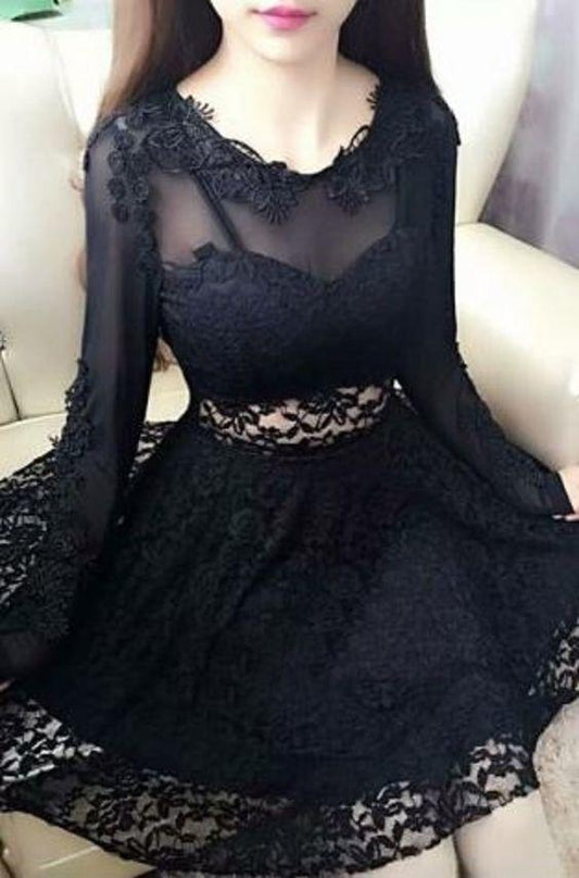 Sexy Black Jewel Neck Long Sleeves Ashanti Lace Homecoming Dresses A-Line Short CD1282