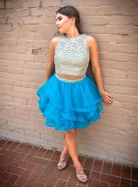 Two Piece Short Blue Katherine Lace Homecoming Dresses Tulle CD13481