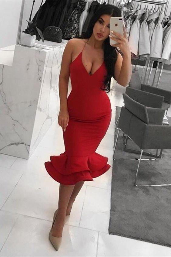 Spaghetti Straps Short Mermaid Homecoming Dresses Jaylen Red Sheath Simple Beauty CD14059