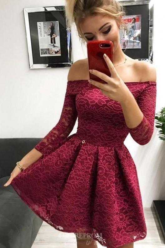 Off-The-Shoulder Long Sleeves Sherlyn Lace Homecoming Dresses Burgundy CD1446