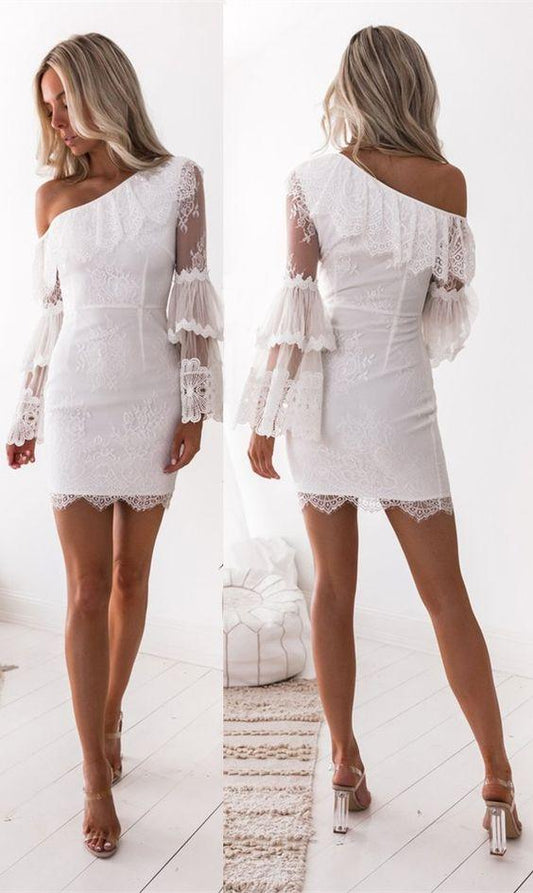 Sheath One Shoulder Long Sleeves White Lace Homecoming Dresses Maritza With Ruffles CD1452