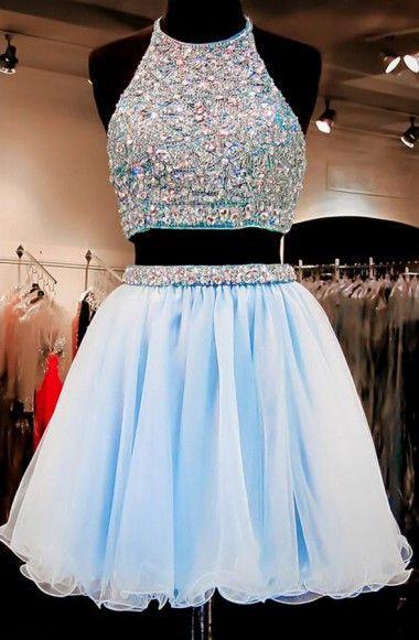 Two Piece Paige Homecoming Dresses A-Line Halter Organza Beaded Short Light Blue CD146