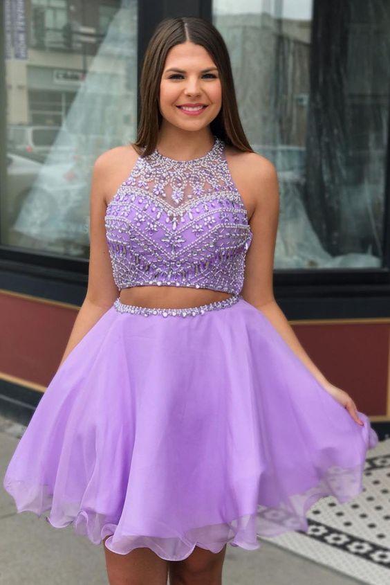 Two Piece Jewel Neck Beading Brisa Homecoming Dresses Lilac CD1486