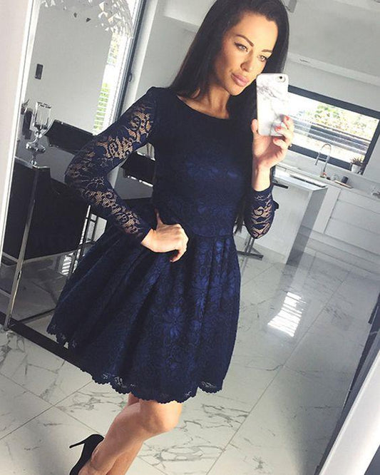 Bateau Navy Blue Short Lace Savannah Homecoming Dresses With Long Sleeves CD1508