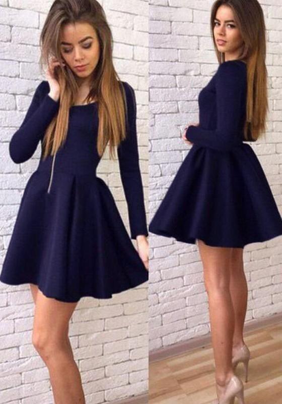 Homecoming Dresses Scarlett Cheap Navy Blue Long Sleeves Modest Mini Short CD156