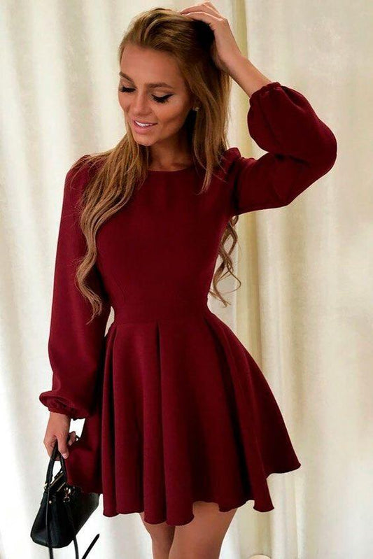 A-Line Homecoming Dresses Ursula Long Sleeve Burgundy CD1582