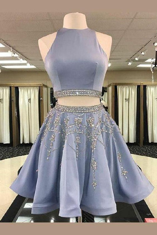 Two Piece Round Neck Short Light Homecoming Dresses Bella Sky Blue Beaded Cheap CD16