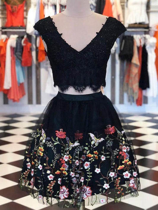 V Neck Dresses Two Pieces Homecoming Dresses Mina Lace Short Black With Floral CD1881