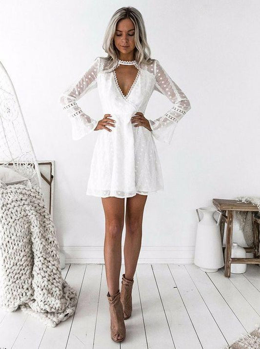 A-Line Jewel Long Sleeves Short White Lace Homecoming Dresses Vivien CD1923