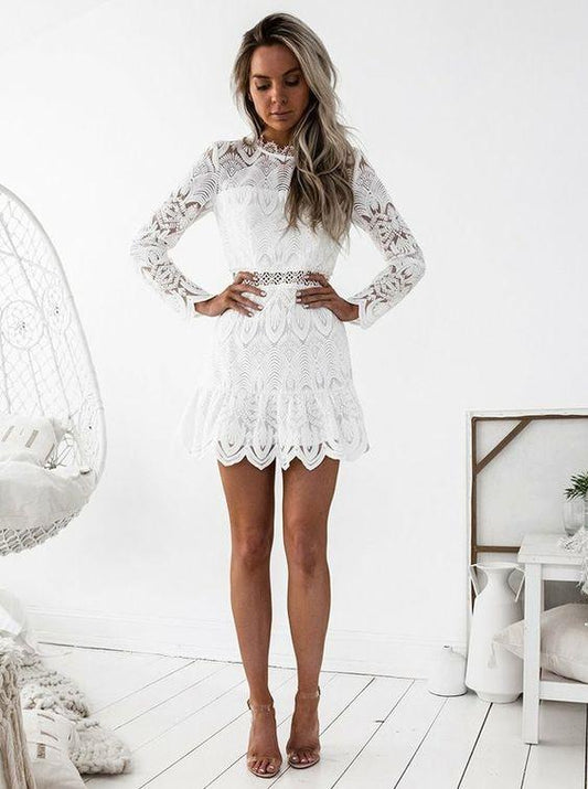 A-Line Abigail Homecoming Dresses Lace Round Neck Long Sleeves Short White CD1925