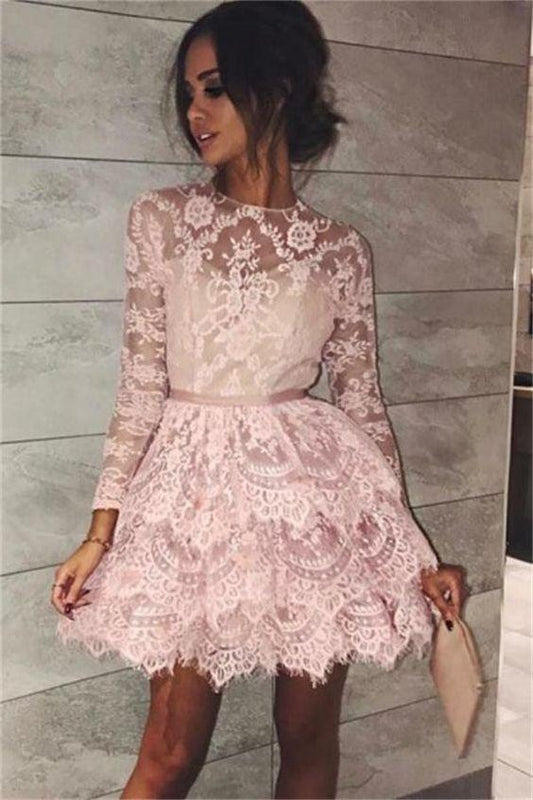 Short Long Sleeves Short Dresses Tiered Homecoming Dresses Hana Lace Pink Short With Sleeves CD210