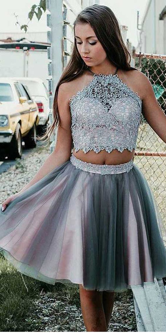 Grey Lucile Homecoming Dresses Lace Short Two Piece Halter Party Dress With CD2105