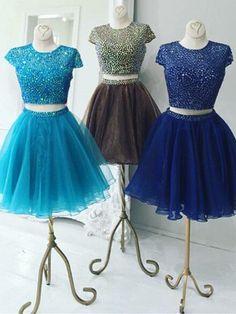 Beautiful Two Piece Stunning Two Piece Jewel Cap Homecoming Dresses Royal Blue Essence Sleeves Short Organza CD2135