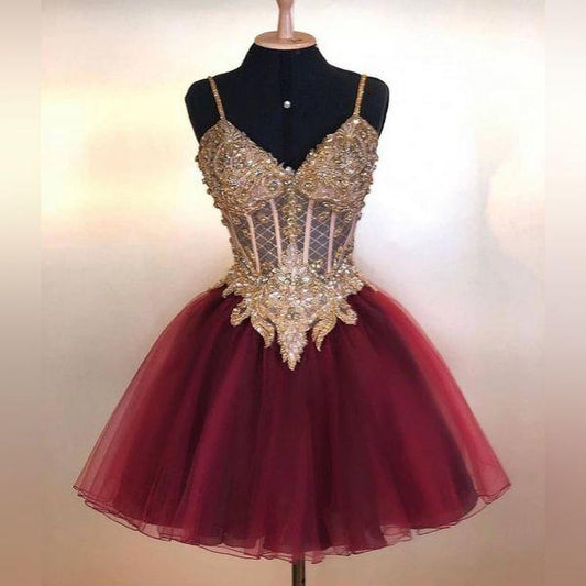 Short Lace Saniya Homecoming Dresses Burgundy Beads Gowns CD21528