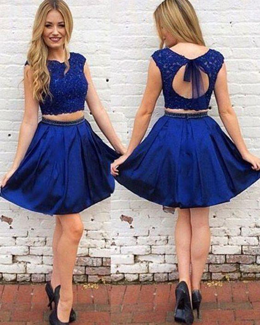 Homecoming Dresses Adriana Royal Blue Lace Satin Two Piece Bodice CD2262