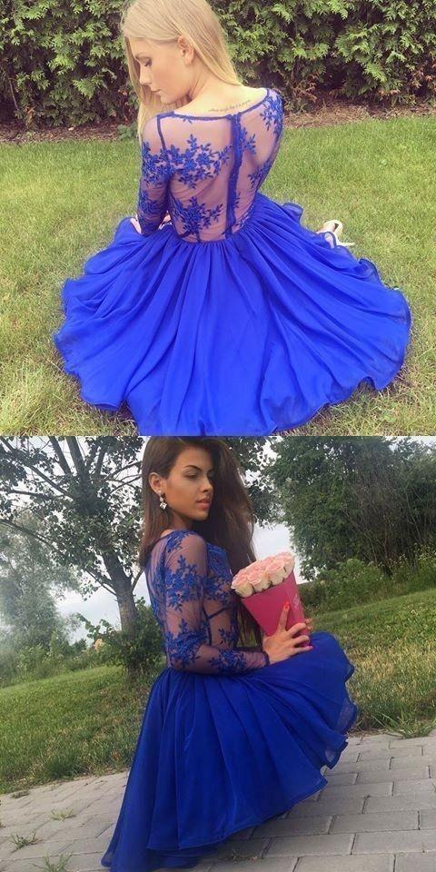 A-Line Deep V-Neck Long Sleeves Short Chiffon Nathaly Royal Blue Homecoming Dresses CD22698