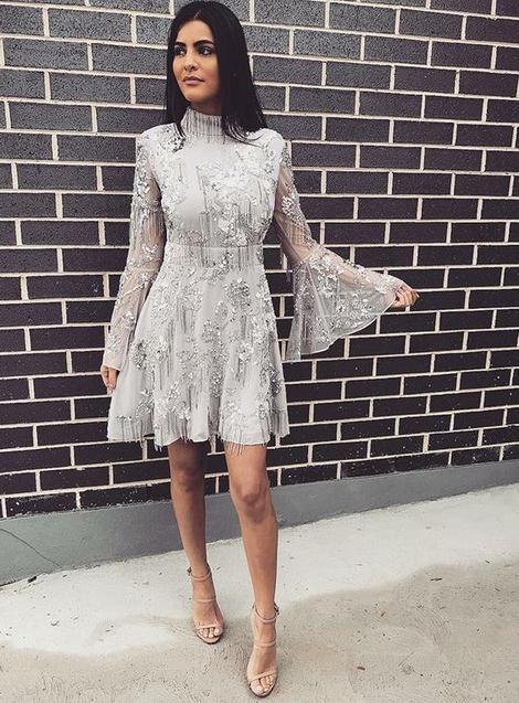 A-Line High Neck Short Grey With Long Sleeves Jamya Homecoming Dresses Lace CD22812