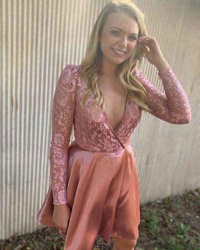 Homecoming Dresses Pink Jayda V Neck Blush Long Sleeves CD22866